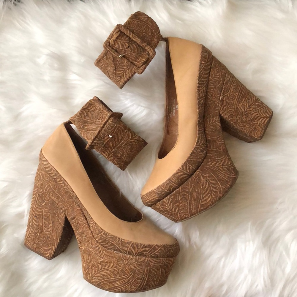 Carved cork leather ankle strap platform